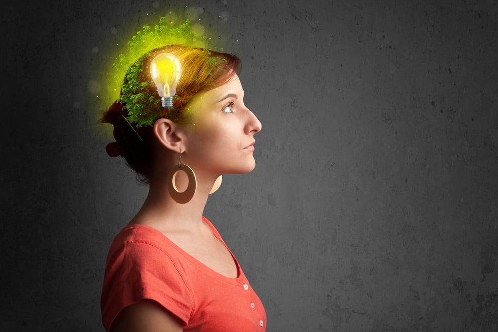 Young mind thinking of green eco energy with lightbulb on grungy background