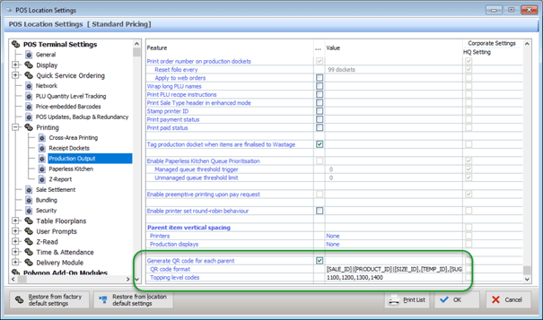 Production Output configuration settings showing Generate QR Code setting