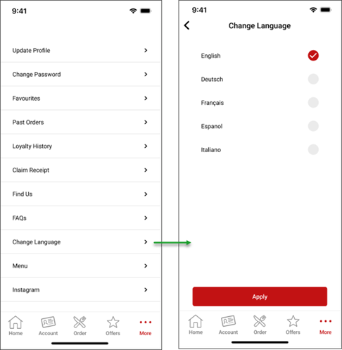 Change language selection in app